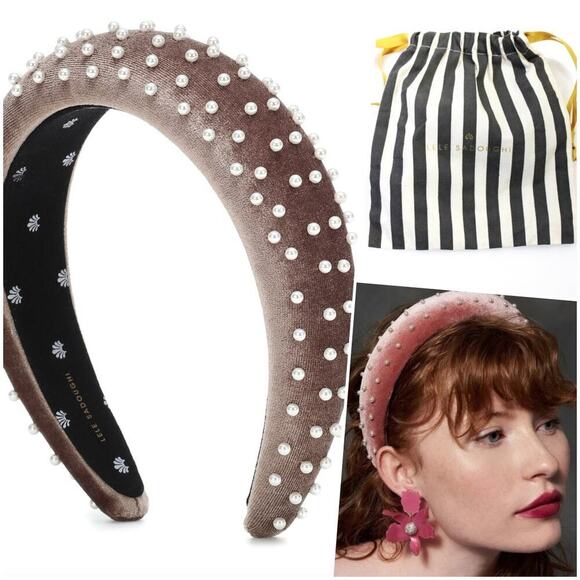 RARE Lele Sadoughi Pearl Velvet Padded Headband Brown NWOT - Picture 1 of 10